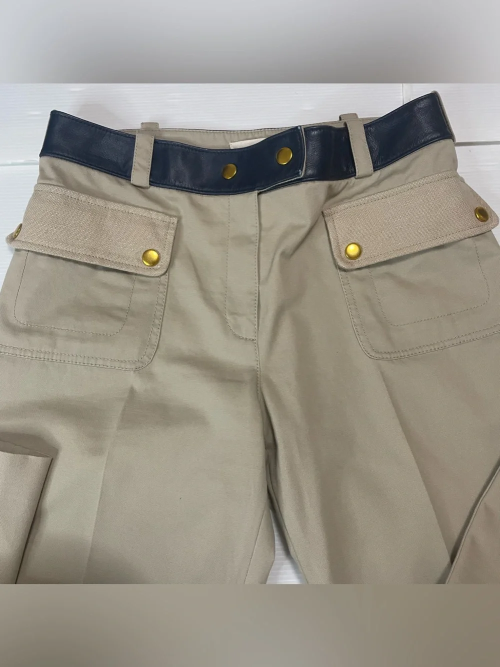 Tory Burch Women's Joss Safari Pants Khaki W/ Navy Leather Waistband Size 4